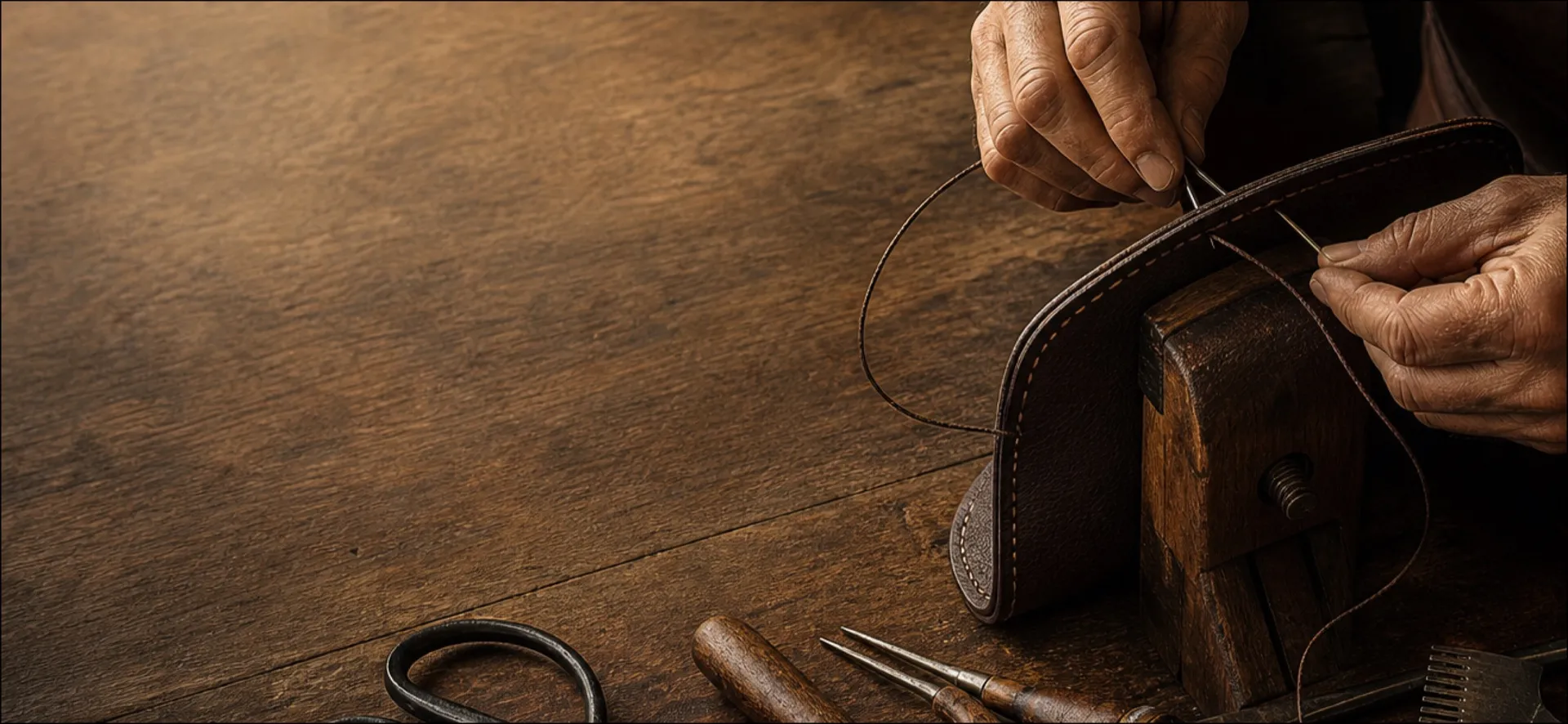 Craftsman hand-stitching a leather panel
