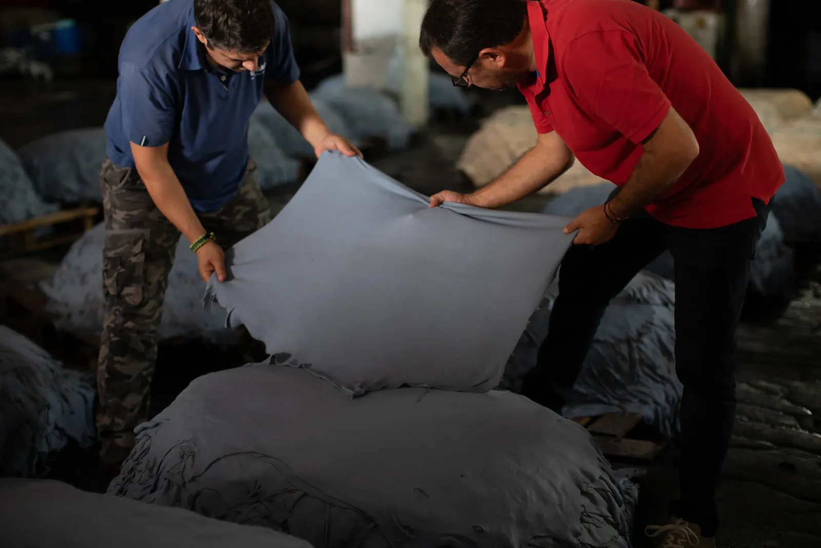 Raw leather hides being inspected and prepared at the LiderDeri tannery